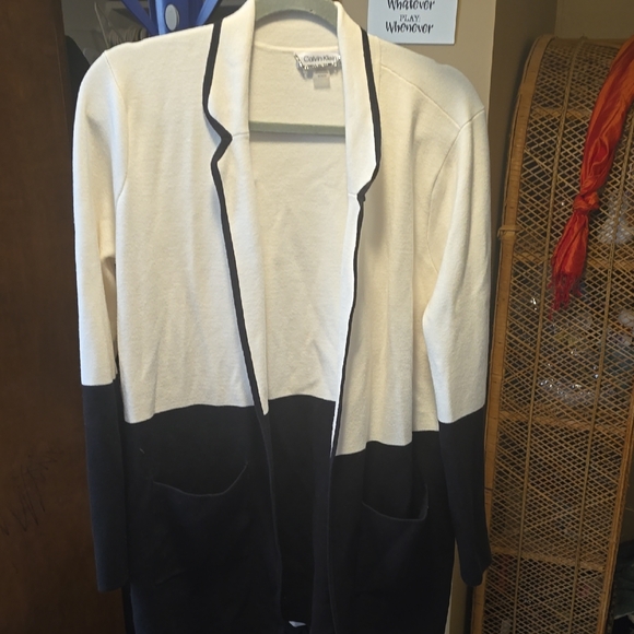 Calvin Klein Black and Cream Colorblock Cardigan - Picture 1 of 3